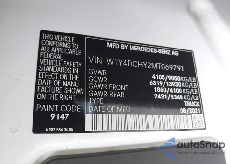 2021 Mercedes-Benz Sprinter 2500 High Roof I4 Diesel z USA, uszkodzony, nr VIN W1Y4DCHY2MT069791